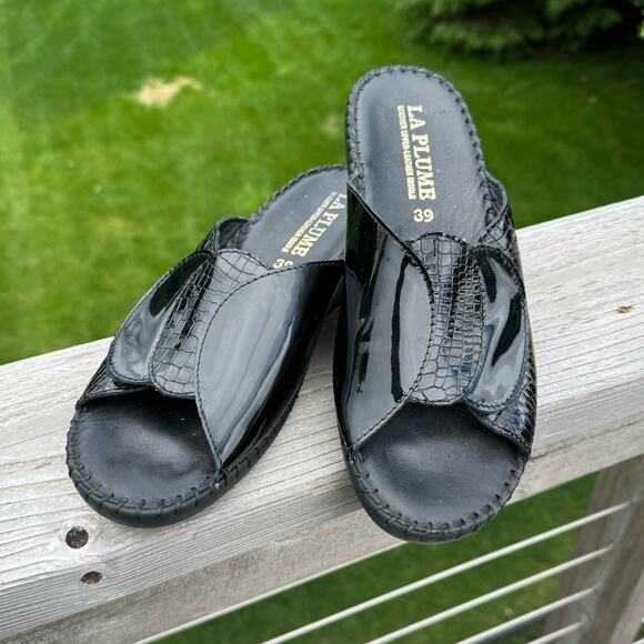 💜SALE: Anthropologie La Plume EU 39/US 8.5 Paola Black Leather Slip On Sandals - Picture 2 of 10